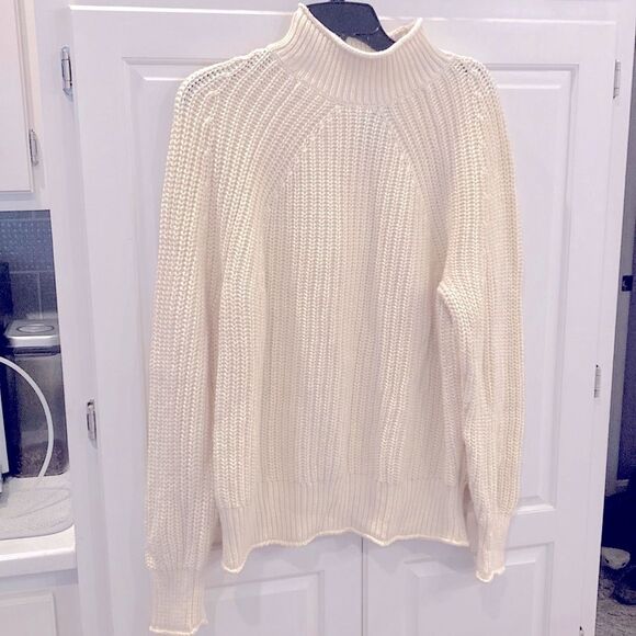 J. Crew 100% cotton ivory chunky knit rolled mock neck fisherman sweater medium - Picture 1 of 9